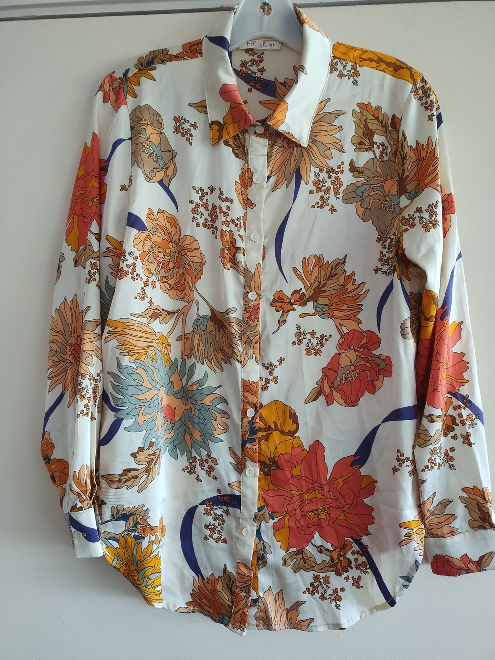 Women’s Floral Button-Up Blouse in White with Orange & Coral Accents